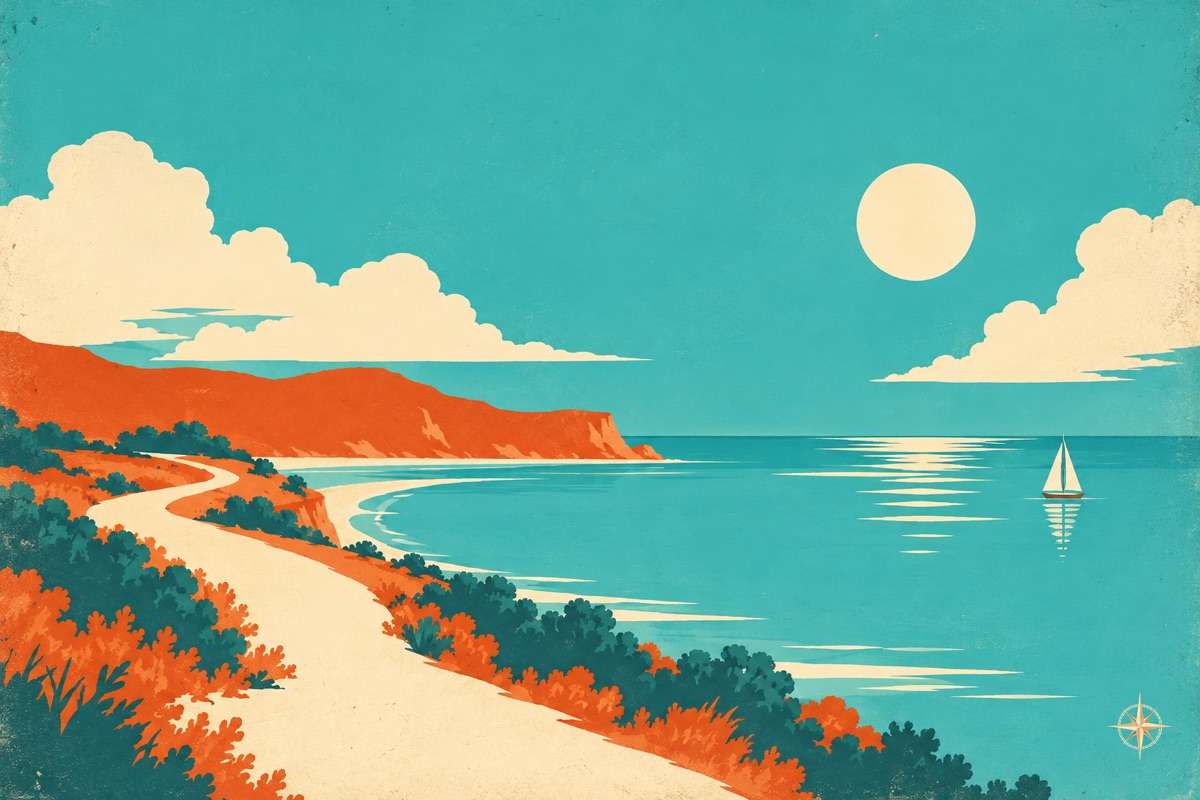 A quiet vintage travel poster: a winding ivory path toward a turquoise sea and burnt orange headland.