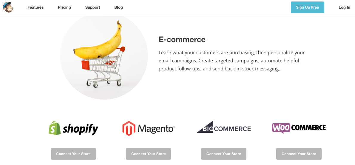 Mailchimp integrates easily with Shopify, Magneto, BigCommerce, and WooCommerce websites.