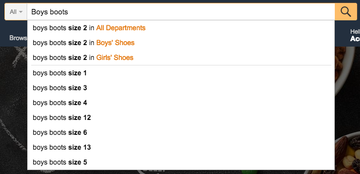 Amazon’s search bar uses an autocomplete feature to predict what the user might be searching for.